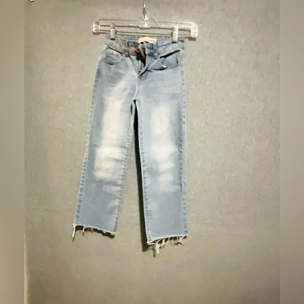 Denim Diva Girls Size 7 Wide Leg Light Wash Raw Hem High Waisted Jeans